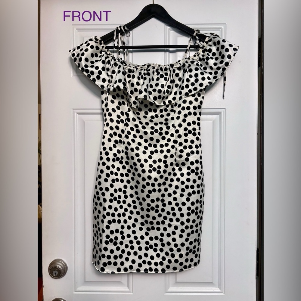 Topshop Satin Ruffle Mini Dress in Black and White Polka Dot